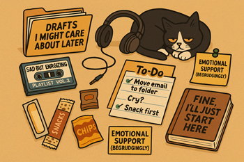 A top-down illustration of a messy desk with a sarcastic to-do list, snacks, a sad playlist, and a folder titled “Drafts I Might Care About Later.” Syntax the cat lounges nearby