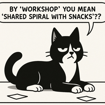 Cartoon tuxedo cat Syntax judgingly asking “By ‘workshop’ you mean ‘shared spiral with snacks’??”