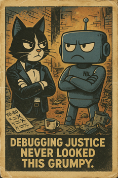 Syntax and Nil mid-standoff in a gritty alley full of crashed side quests (broken to-do lists, spilled coffee, defunct gadgets)