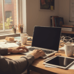 A creative workspace in disarray - an open laptop with a blank screen, scattered notebooks, empty coffee cups, and a person's hands resting on the desk in exhaustion. Warm, natural lighting from a window. The mood is contemplative and honest - not defeated, but reflective. Photorealistic style, shallow depth of field. The image conveys burnout as a moment of pause, not failure.