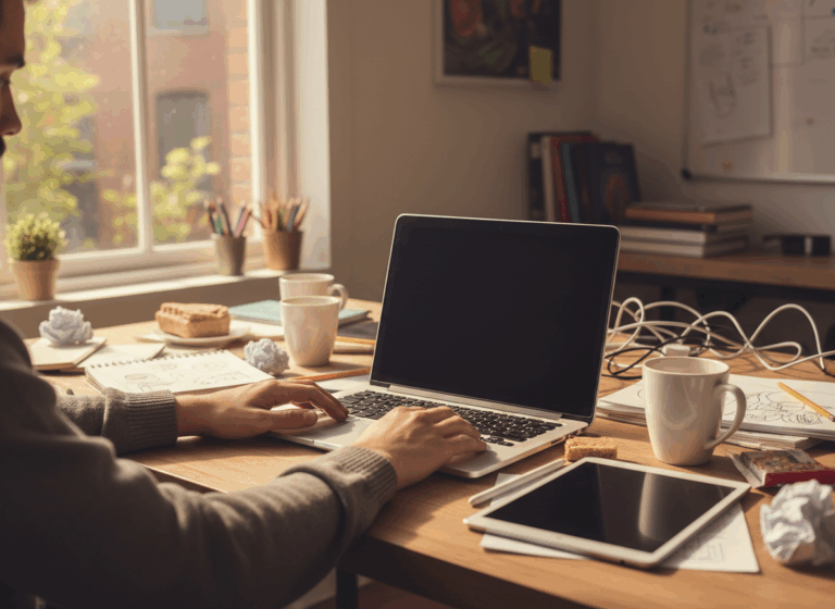 A creative workspace in disarray - an open laptop with a blank screen, scattered notebooks, empty coffee cups, and a person's hands resting on the desk in exhaustion. Warm, natural lighting from a window. The mood is contemplative and honest - not defeated, but reflective. Photorealistic style, shallow depth of field. The image conveys burnout as a moment of pause, not failure.