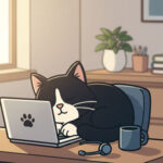 A cat sleeping peacefully on a closed laptop in a cozy home office, soft natural light from a window, warm muted tones, minimalist workspace aesthetic, shallow depth of field