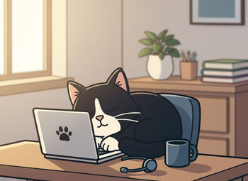 A cat sleeping peacefully on a closed laptop in a cozy home office, soft natural light from a window, warm muted tones, minimalist workspace aesthetic, shallow depth of field