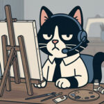 An artist's desk with scattered paintbrushes and blank canvas, person's hands resting still, moody soft lighting, muted desaturated colors, contemplative mood, editorial photography style