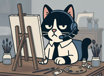 An artist's desk with scattered paintbrushes and blank canvas, person's hands resting still, moody soft lighting, muted desaturated colors, contemplative mood, editorial photography style