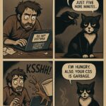 A four-panel comic titled “Five Minutes, Max.” Carl, past his deadline, says “Almost there… just five more minutes.” Syntax the cat knocks over his coffee and says “I’m hungry. Also, your CSS is garbage.”