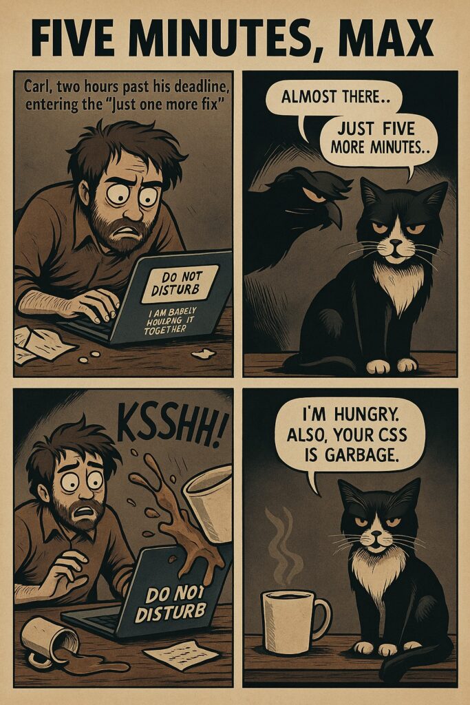 A four-panel comic titled “Five Minutes, Max.” Carl, past his deadline, says “Almost there… just five more minutes.” Syntax the cat knocks over his coffee and says “I’m hungry. Also, your CSS is garbage.”