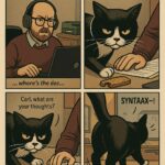 A four-panel comic titled “Camera’s On, Chaos Engaged.” Carl is late to a video meeting while Syntax the cat quietly steals his snack and walks off.