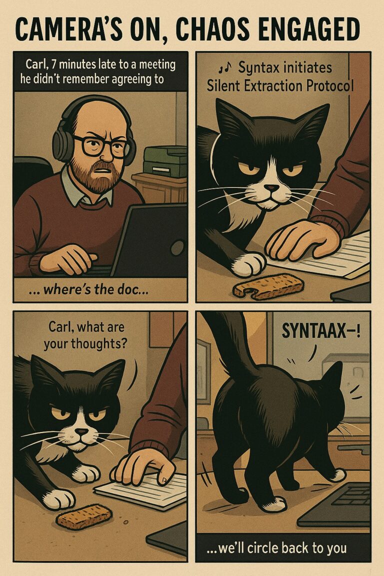 A four-panel comic titled “Camera’s On, Chaos Engaged.” Carl is late to a video meeting while Syntax the cat quietly steals his snack and walks off.