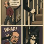 A four-panel comic titled “The Stairway Trap.” Carl says “Then I’ll circle back on that…” and Syntax the cat swipes him from the stairs. Caption: “Consider that a performance review.”
