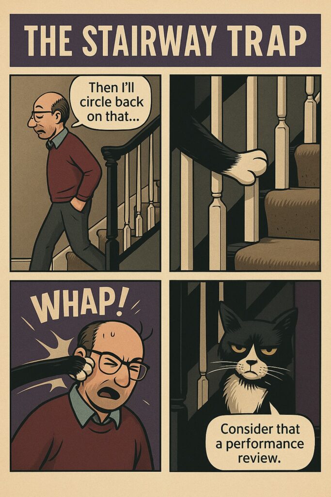 A four-panel comic titled “The Stairway Trap.” Carl says “Then I’ll circle back on that…” and Syntax the cat swipes him from the stairs. Caption: “Consider that a performance review.”
