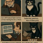 A four-panel comic. Carl tries to fit a 4-hour meeting into a 3-hour block while Syntax the cat knocks over his coffee. Caption: “Syntax saw your calendar. You had this coming.”