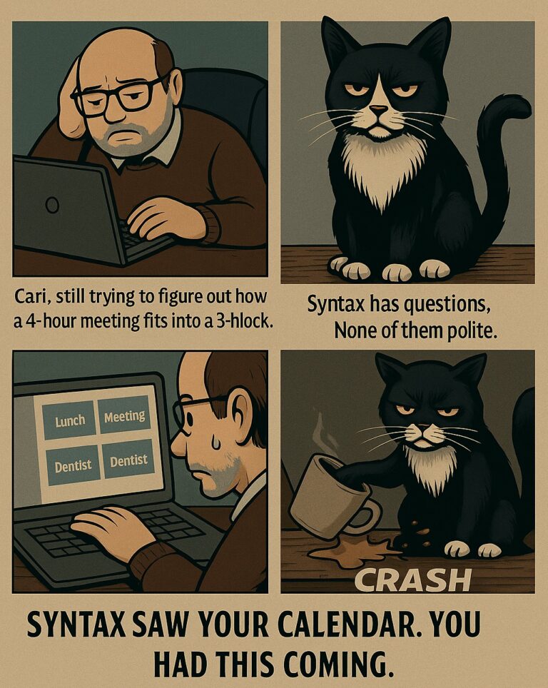 A four-panel comic. Carl tries to fit a 4-hour meeting into a 3-hour block while Syntax the cat knocks over his coffee. Caption: “Syntax saw your calendar. You had this coming.”