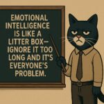 Comic of a stern tuxedo cat in a tie pointing at a chalkboard that reads ‘Emotional intelligence is like a litter box—ignore it too long and it’s everyone’s problem.