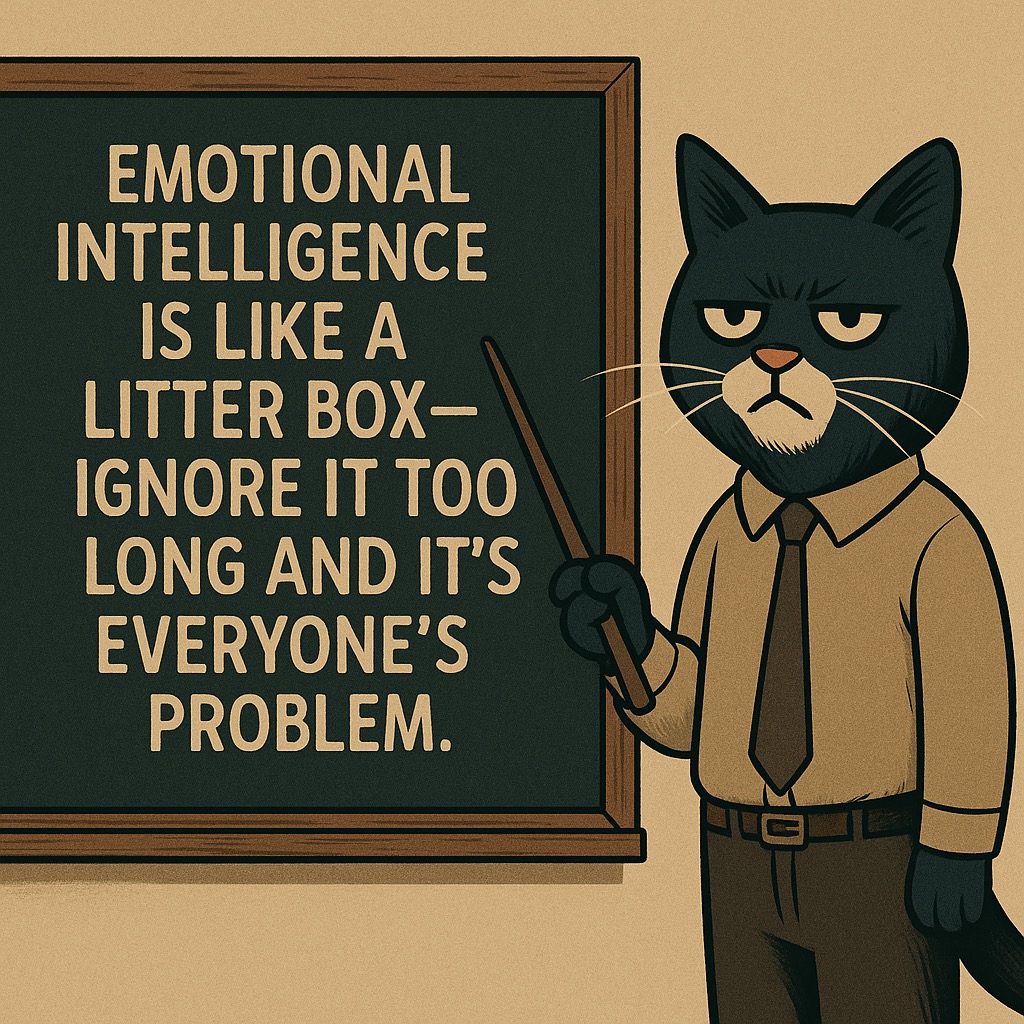 Comic of a stern tuxedo cat in a tie pointing at a chalkboard that reads ‘Emotional intelligence is like a litter box—ignore it too long and it’s everyone’s problem.