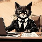 Cartoon tuxedo cat in a suit at a desk, the reality of working from home with a cat