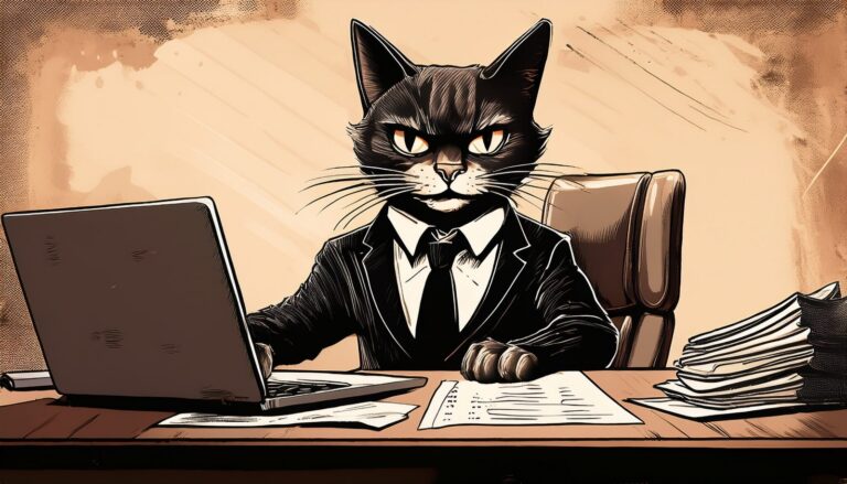 Cartoon tuxedo cat in a suit at a desk, the reality of working from home with a cat