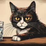Cartoon tuxedo cat staring at the viewer just before the cat knocks things off the desk