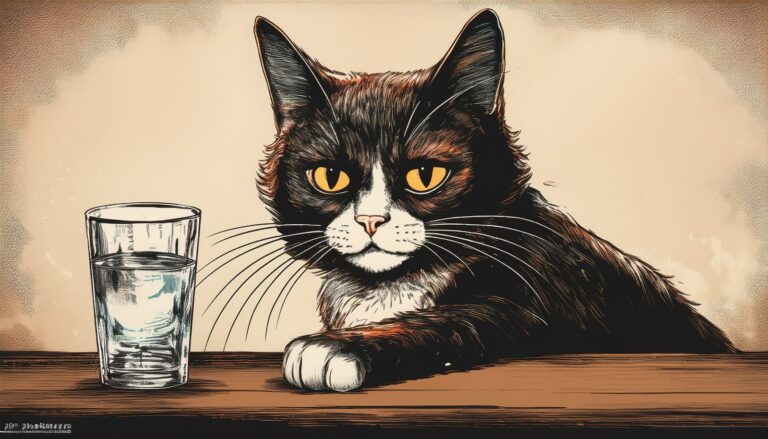 Cartoon tuxedo cat staring at the viewer just before the cat knocks things off the desk