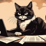 Cartoon tuxedo cat guarding a closed laptop, the mascot for these out of office messages