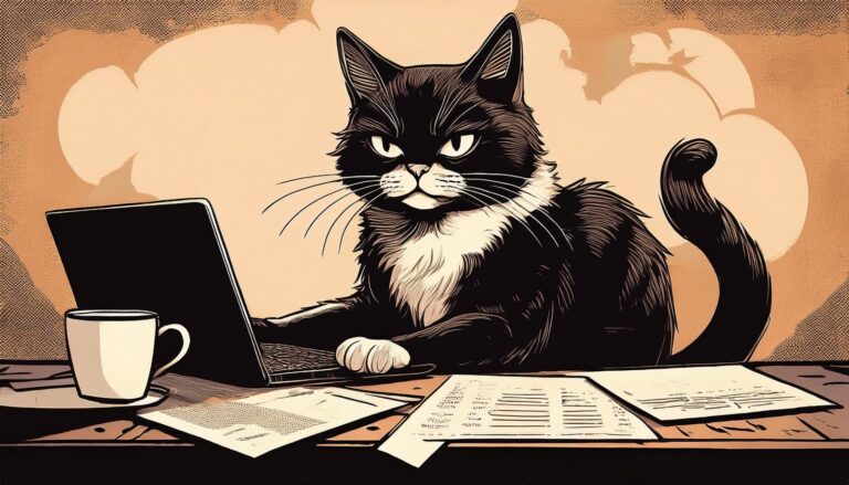 Cartoon tuxedo cat guarding a closed laptop, the mascot for these out of office messages