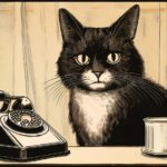 Cartoon tuxedo cat beside an old telephone, waiting for someone to ask "you good?"