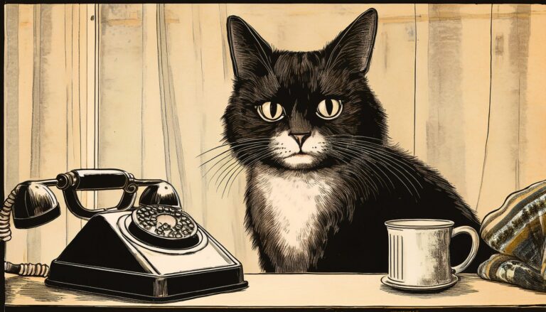 Cartoon tuxedo cat beside an old telephone, waiting for someone to ask "you good?"
